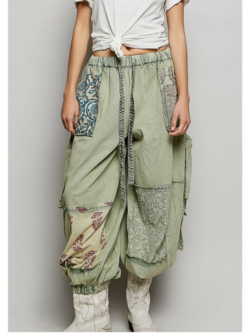 New: POL Sage “Green Me’ Bohemian Mixed Patchwork Cargo Jogger Pants• Small